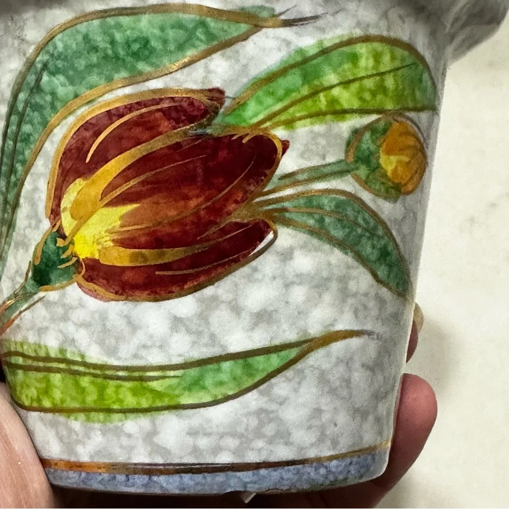 Vintage Italian Hand Painted Planter Marbled Blue Gold Rim Red Flower ITALY